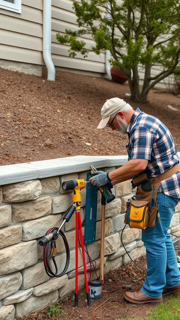 19 Stunning Retaining Wall Ideas for Your Front Yard 16 A person maintaining a stone retaining wall with tools in front of a house.