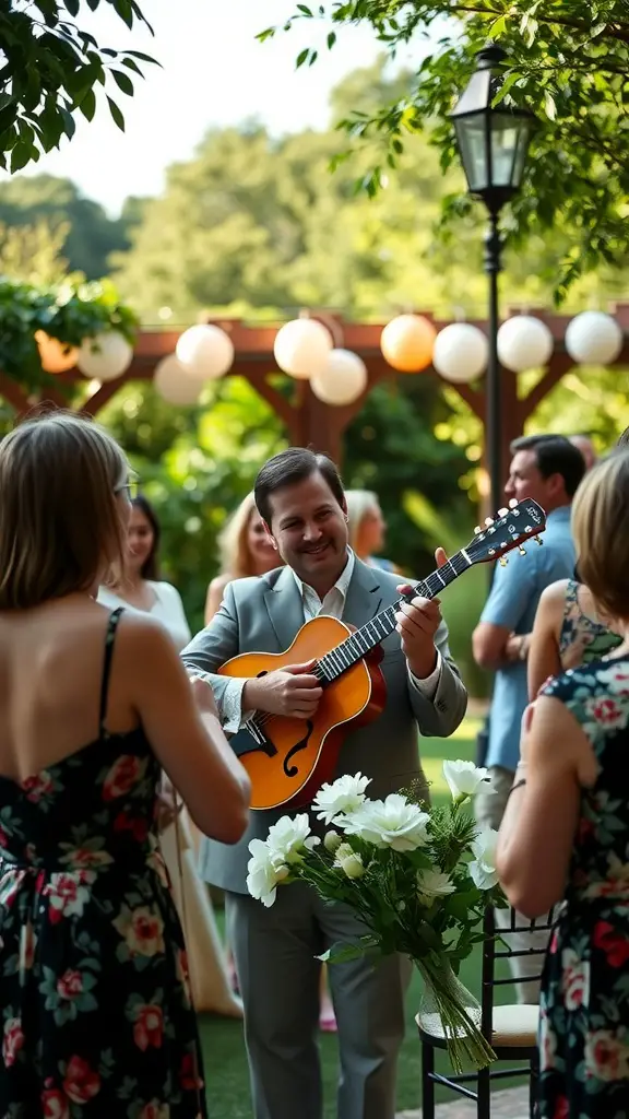 29 Charming Italian-Themed Bridal Shower Ideas You’ll Love 14 A musician playing guitar at an outdoor bridal shower with guests enjoying the performance.