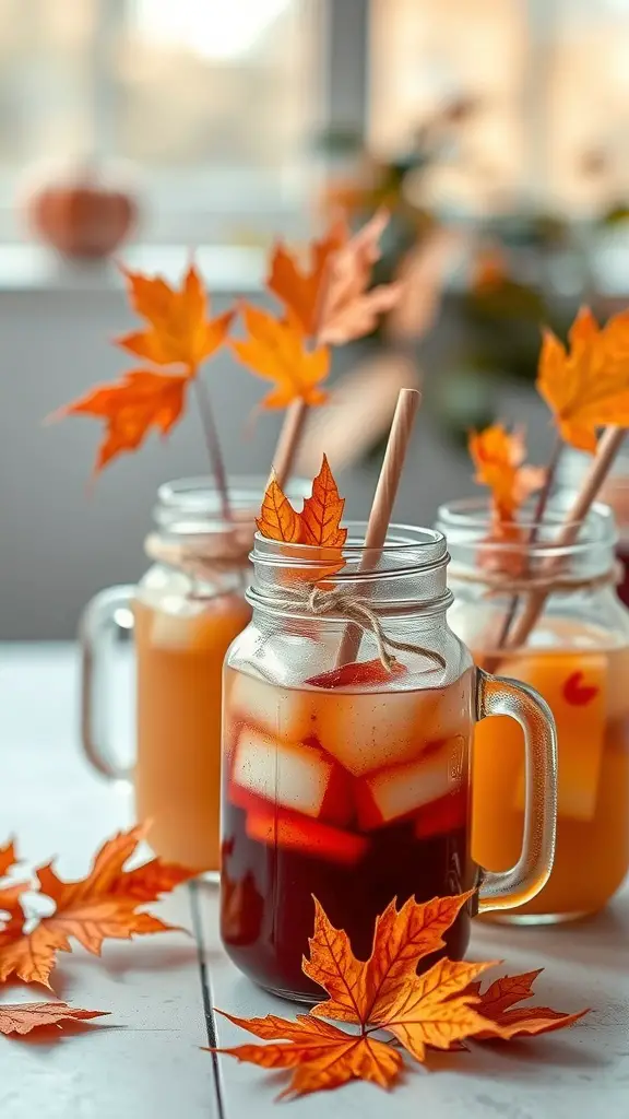 17 Charming Autumn Baby Shower Ideas for a Cozy Celebration 12 Mason jars filled with drinks surrounded by autumn leaves.