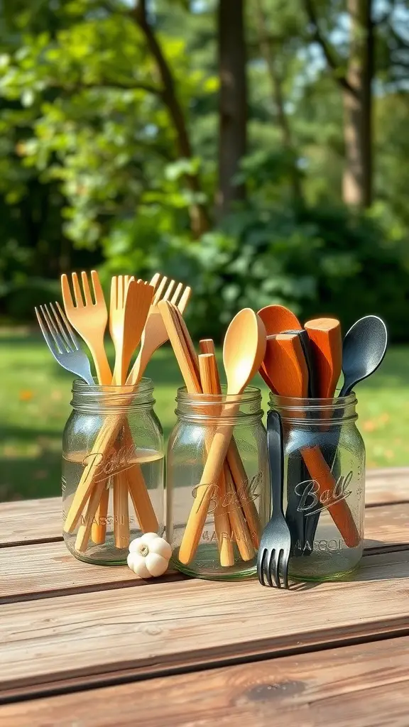 Three mason jars filled with utensils on a wooden table outdoors