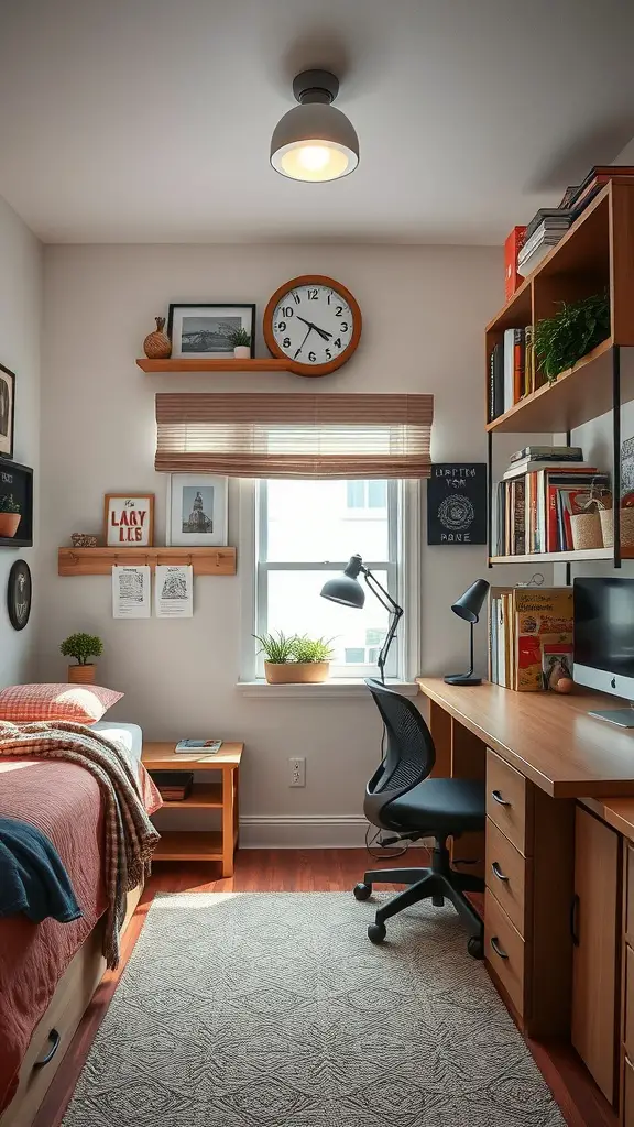 23 Creative Triple Dorm Room Ideas to Maximize Space and Style 15 Cozy triple dorm room featuring a bed, desk, and shelves with greenery.