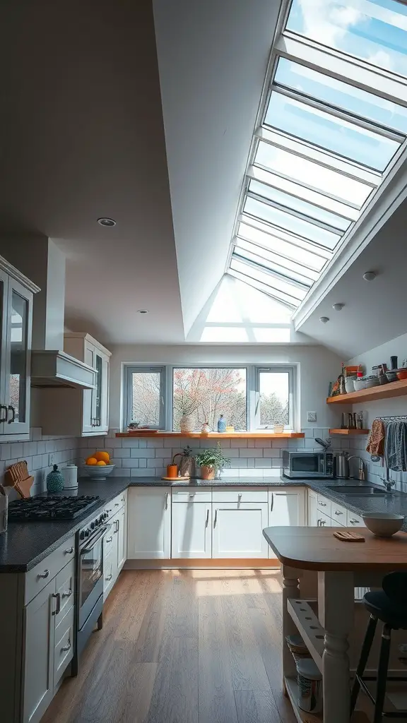 19 Stylish Kitchen Lighting Fixture Ideas You’ll Love 9 Bright kitchen with skylights and large windows, showcasing natural light.