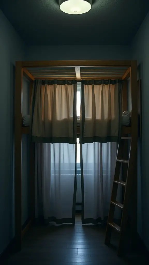 21 Creative Lofted Dorm Bed Ideas for Small Spaces 11 A lofted dorm bed with curtains for privacy, showcasing a cozy sleeping nook and a wooden frame.