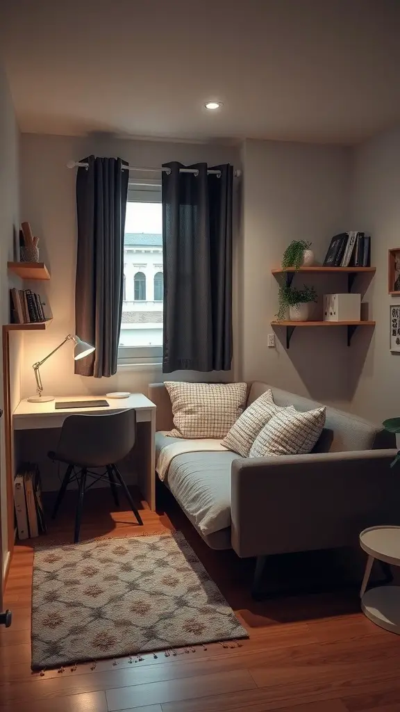 19 Creative Dorm Layout Ideas to Maximize Your Space 8 Cozy dorm room corner with a sofa, desk, and decorative shelves