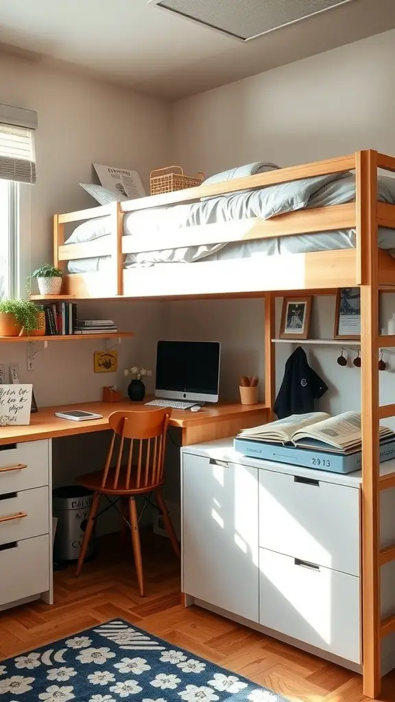 21 Creative Dorm Room Inspiration Ideas for College Students 6 A cozy college dorm room featuring a lofted bed, a desk with a chair, and storage, maximizing small space efficiency.