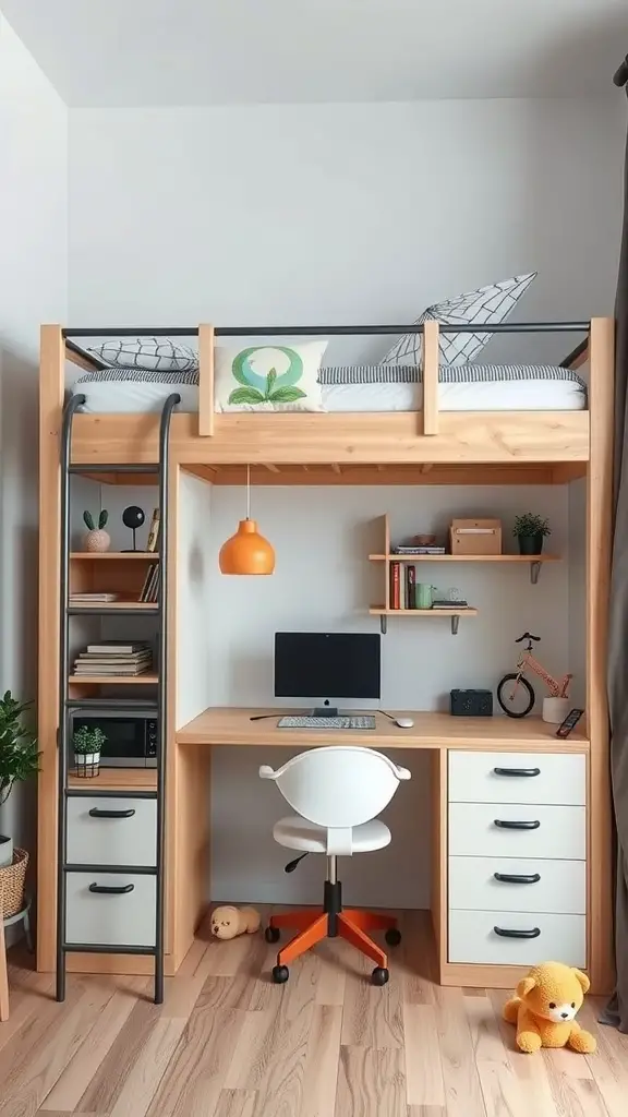 21 Creative Lofted Dorm Bed Ideas for Small Spaces 5 A lofted bed with a workspace underneath, featuring a desk, computer, and decorative items.