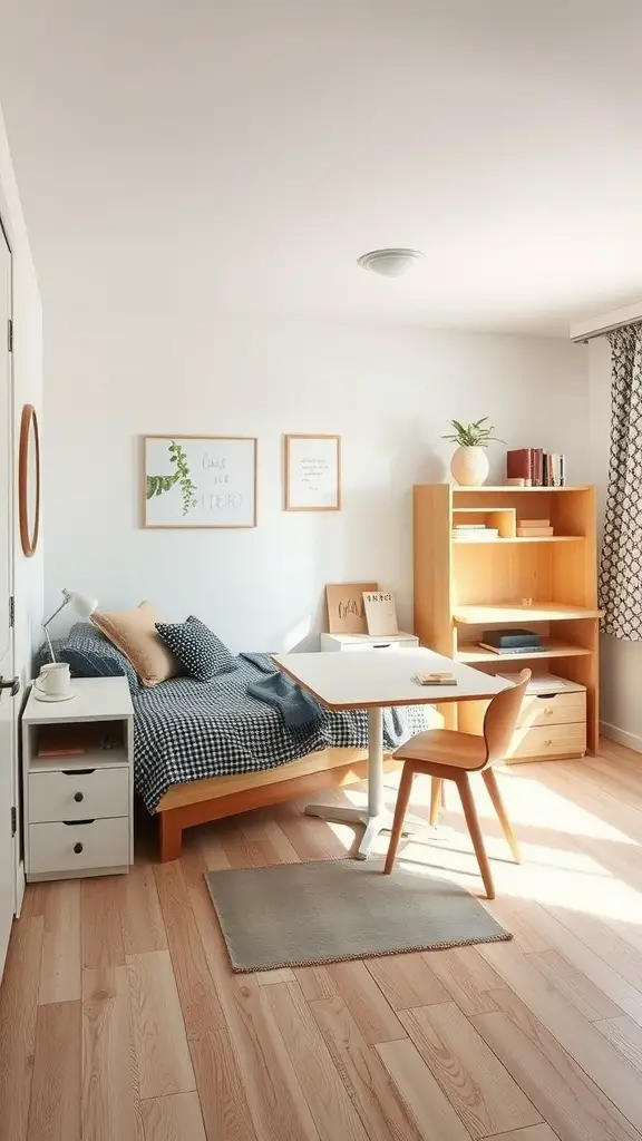 17 Creative Single Dorm Room Ideas You’ll Love 7 A single dorm room with a bed, desk, and shelving unit, showcasing multifunctional furniture to maximize space.