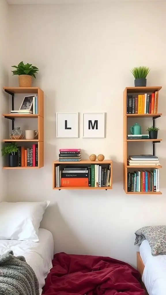 19 Creative Small Dorm Room Ideas to Maximize Your Space 10 A small dorm room featuring creative wall shelves with books and plants, enhancing vertical space.