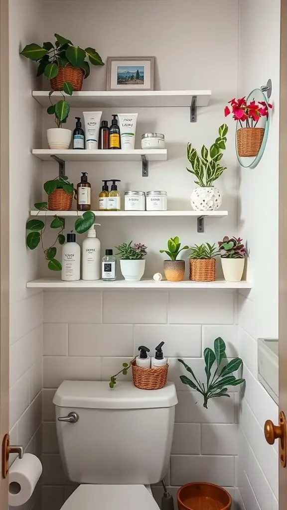 19 Stylish Small Main Bathroom Ideas to Maximize Space 5 A small bathroom with wall-mounted shelves displaying plants and beauty products.