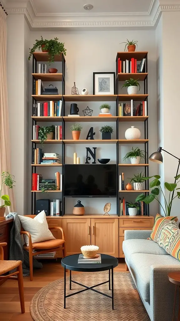 21 Stylish Small Living Room Ideas to Maximize Your Space 10 A stylish shelving unit in a small living room with books, plants, and decorative items.