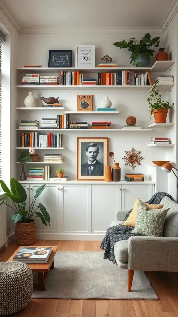19 Cozy Small Living Room Ideas You’ll Love 9 Cozy small living room with shelves filled with books and decor.
