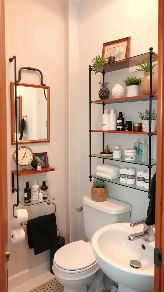 27 Clever Tiny Bathroom Ideas for Maximum Style and Functionality 6 A small bathroom featuring vertical shelving, a mirror, and decorative items.