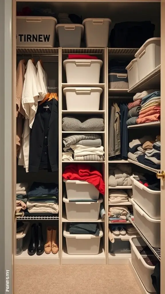 19 Creative Dorm Closet Organization Ideas You Need to Try 17 Organized dorm closet with shelving units and storage bins