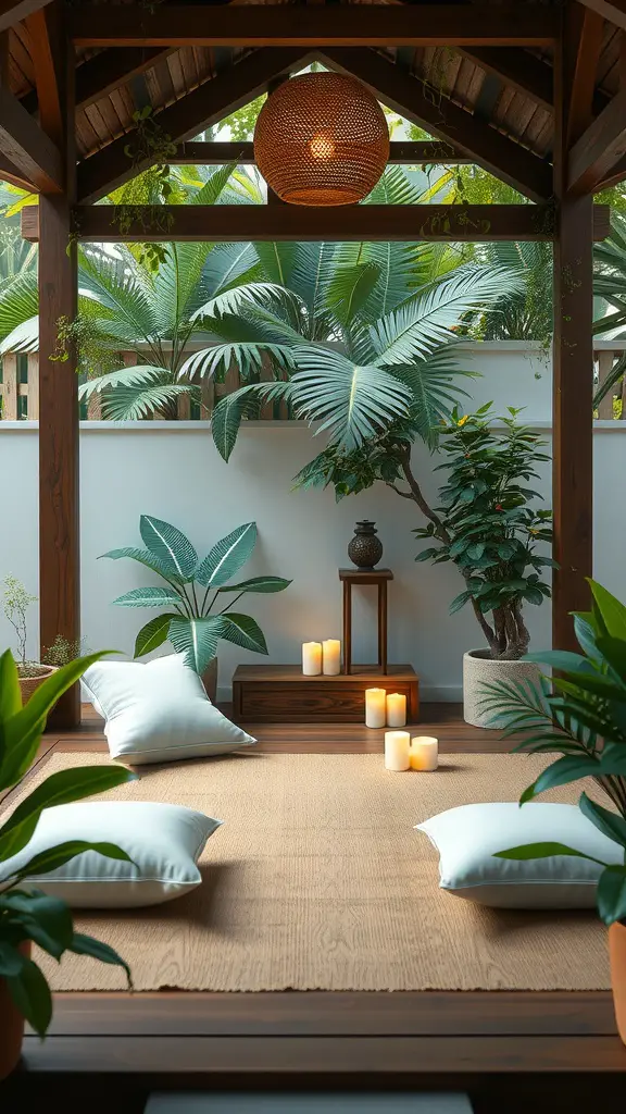 29 Gorgeous Garden Summer House Ideas to Enhance Your Outdoor Space 11 A serene meditative sanctuary with cushions, candles, and lush greenery.