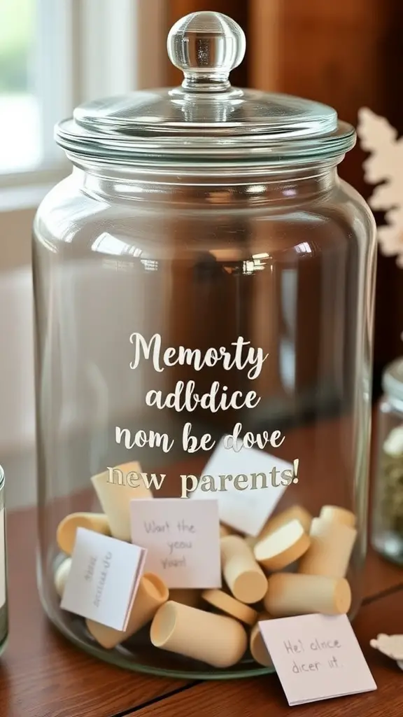 27 Creative Baby Shower Ideas for an August Celebration 12 A glass jar labeled 'Memory advice for new parents' filled with messages from guests