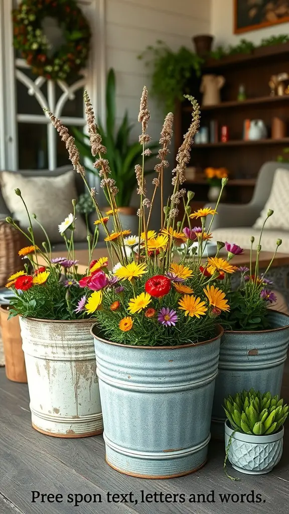 15 Stunning Indoor Flower Pot Ideas for Your Home 11 Colorful flowers in metal bucket flower pots arranged on a wooden surface.