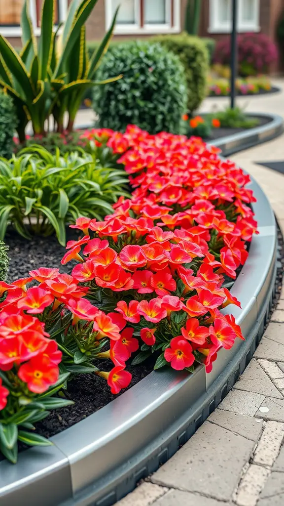 19 Creative Flower Bed Edging Ideas to Transform Your Garden 7 Flower bed with red flowers bordered by sleek metal edging