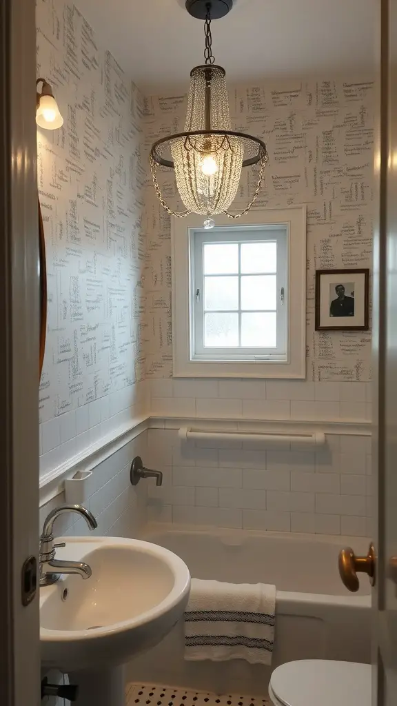 21 Small Bathroom Lighting Ideas to Brighten Your Space 16 A small bathroom featuring a mini chandelier with a decorative design, enhancing the elegant atmosphere.