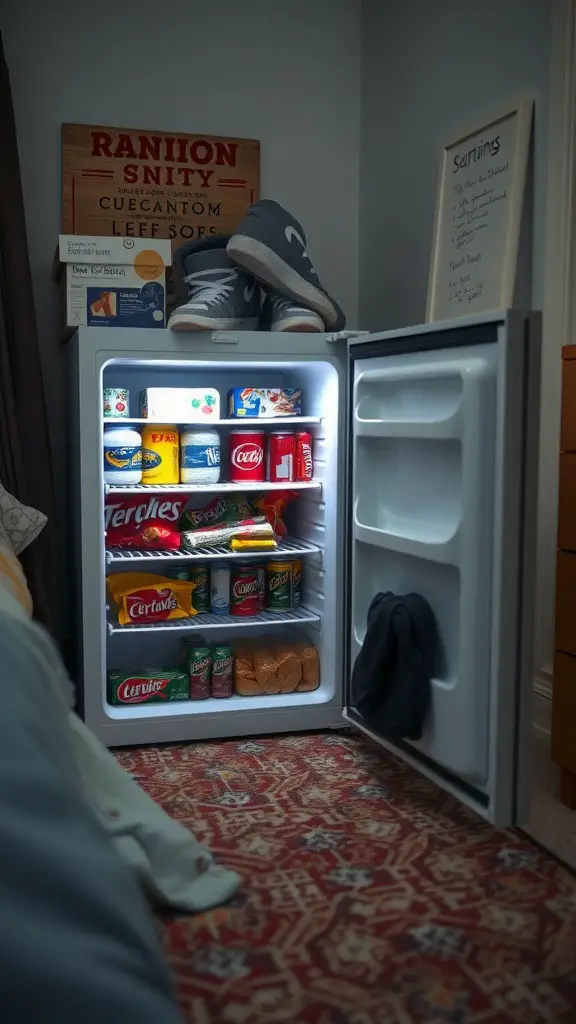 21 Creative Boys Dorm Room Ideas to Elevate Your Space 13 A mini fridge filled with drinks and snacks in a dorm room