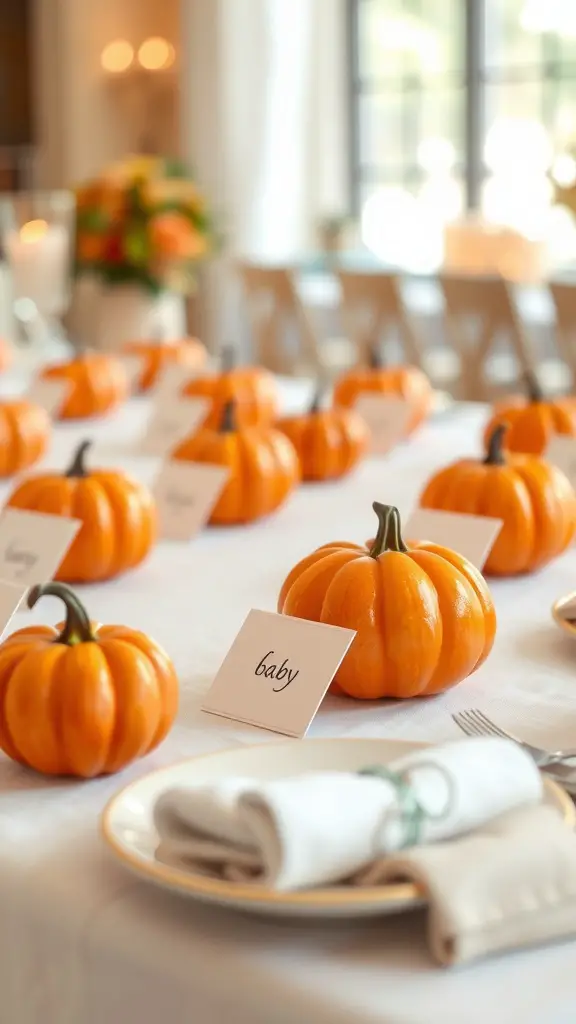 19 Adorable Little Pumpkin Baby Shower Ideas You’ll Love 13 Table setting with mini pumpkins and place cards for a baby shower