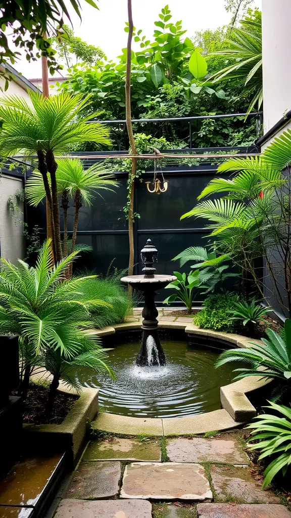 23 Creative Side Yard Landscaping Ideas You’ll Love 11 A mini water fountain surrounded by tropical plants in a serene garden setting.