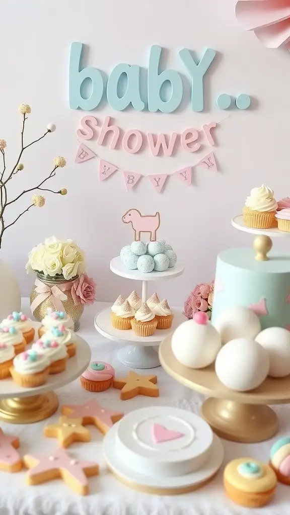 25 Charming June Baby Shower Ideas You'll Love 4 A pastel themed miniature dessert table for a baby shower with cupcakes, cookies, and a cake.