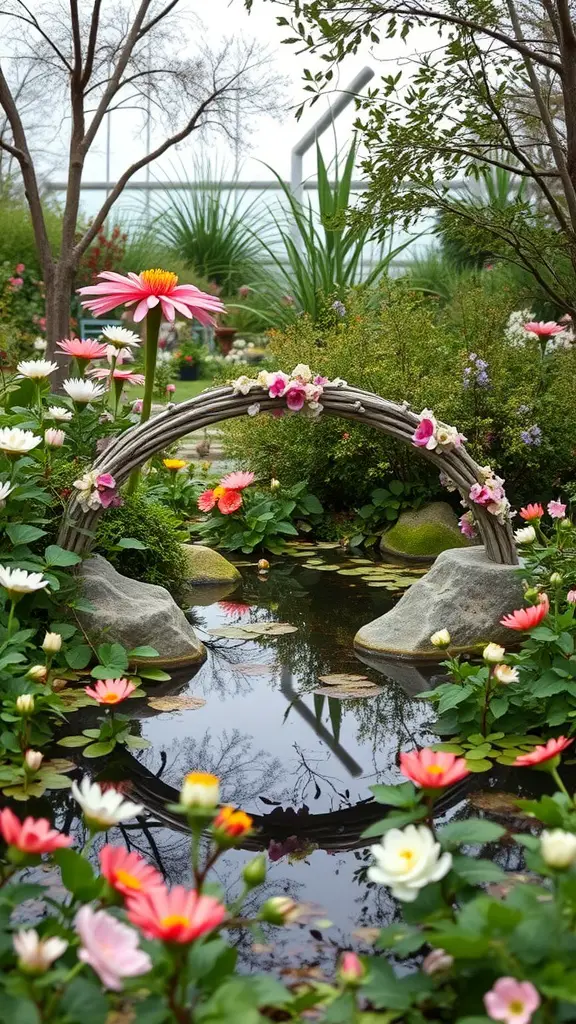 25 Enchanting Outdoor Fairy Garden Ideas to Inspire Your Creativity 5 A beautiful miniature bridge over a pond surrounded by colorful flowers.