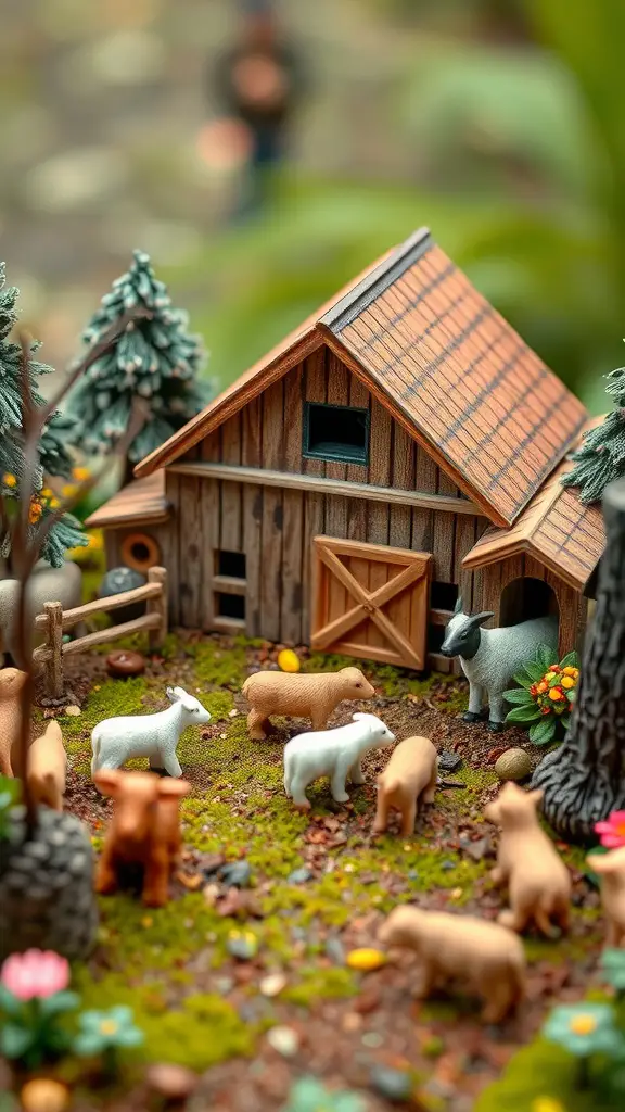 25 Enchanting Outdoor Fairy Garden Ideas to Inspire Your Creativity 15 A miniature farm scene with a barn and various fairy animals like goats and cows.