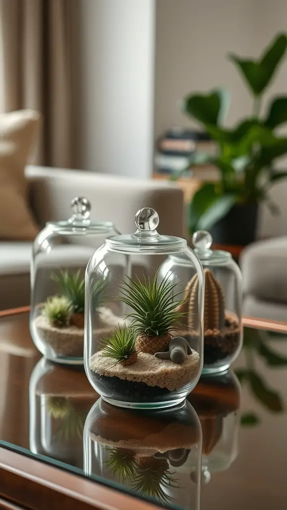 19 Creative Air Plant Display Ideas for Your Home 14 Three glass terrariums containing air plants, sand, and decorative stones on a wooden table.
