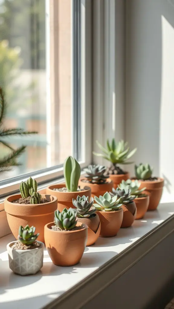 29 Creative Clay Trinket Ideas to Try Today 6 A variety of miniature plant holders with succulents and cacti on a windowsill