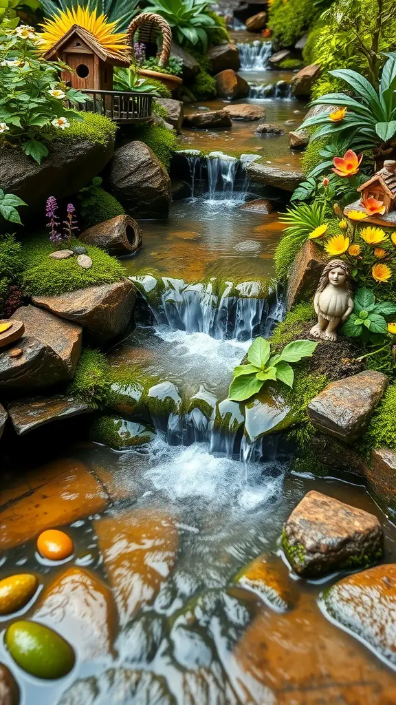 25 Enchanting Outdoor Fairy Garden Ideas to Inspire Your Creativity 8 A miniature waterfall and stream surrounded by vibrant flowers, rocks, and decorative fairy houses.