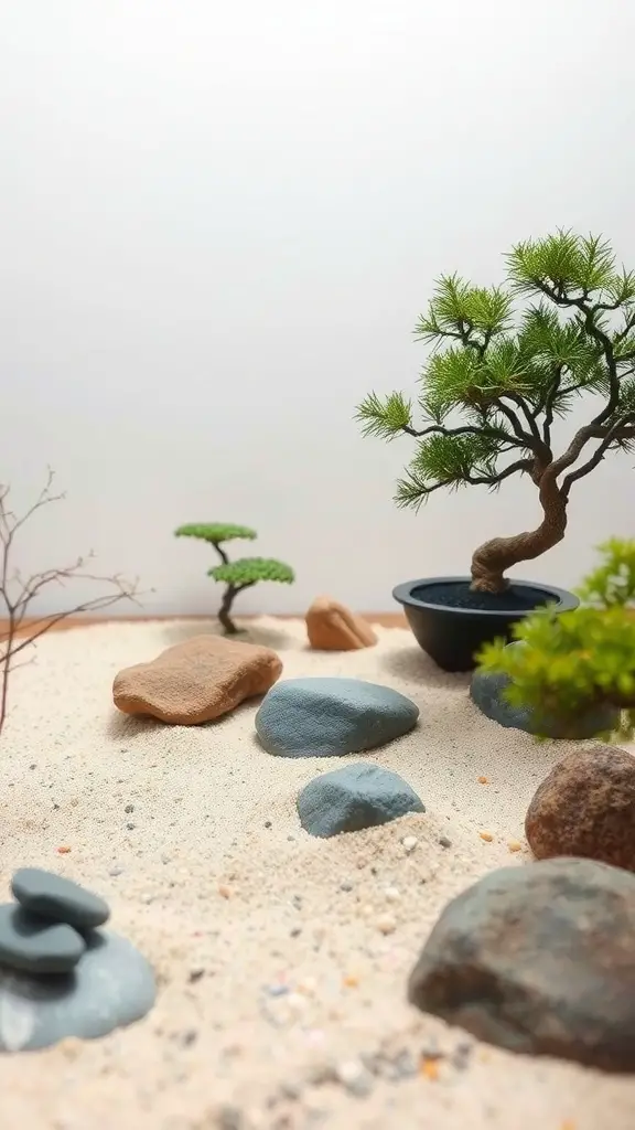 25 Creative Ideas for Beautiful Small Gardens 6 A miniature Zen garden featuring small rocks, sand, and a bonsai tree