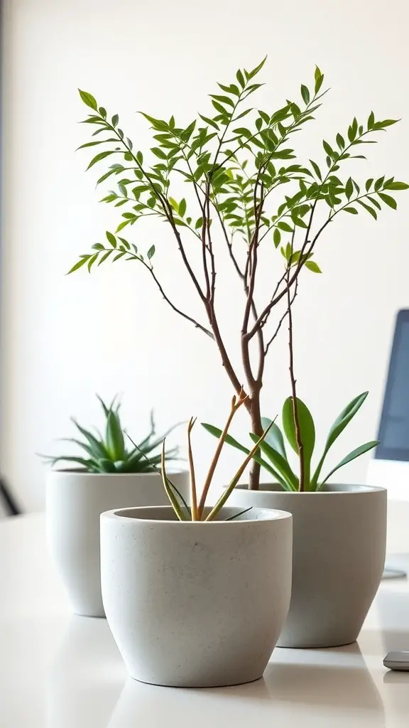 15 Stunning Indoor Flower Pot Ideas for Your Home 14 Three minimalist concrete planters with different plants