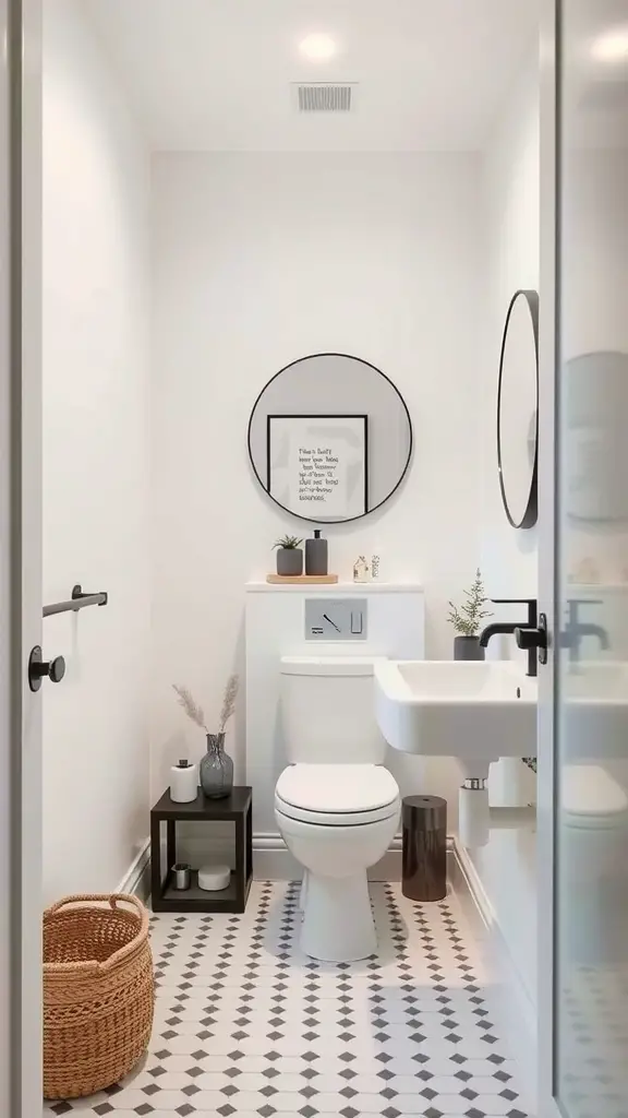 23 Stunning Small Bathroom Interior Ideas for a Stylish Makeover 13 A minimalist small bathroom with a round mirror, patterned floor tile, and simple decor.
