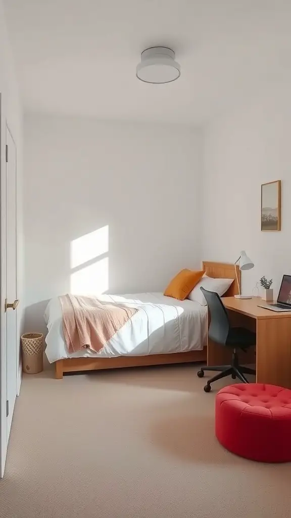 19 Creative Small Dorm Room Ideas to Maximize Your Space 16 A small, minimalist dorm room featuring a bed with a blanket, a desk with a laptop, and a red ottoman.