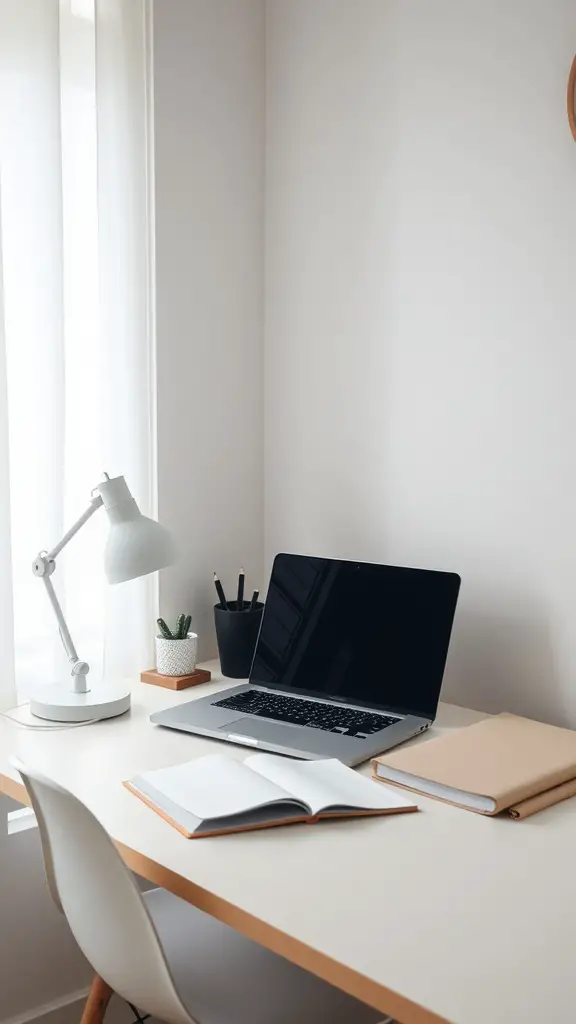 19 Stylish Dorm Room Ideas for Guys 4 A minimalist desk setup featuring a laptop, notebooks, a lamp, and a small plant.