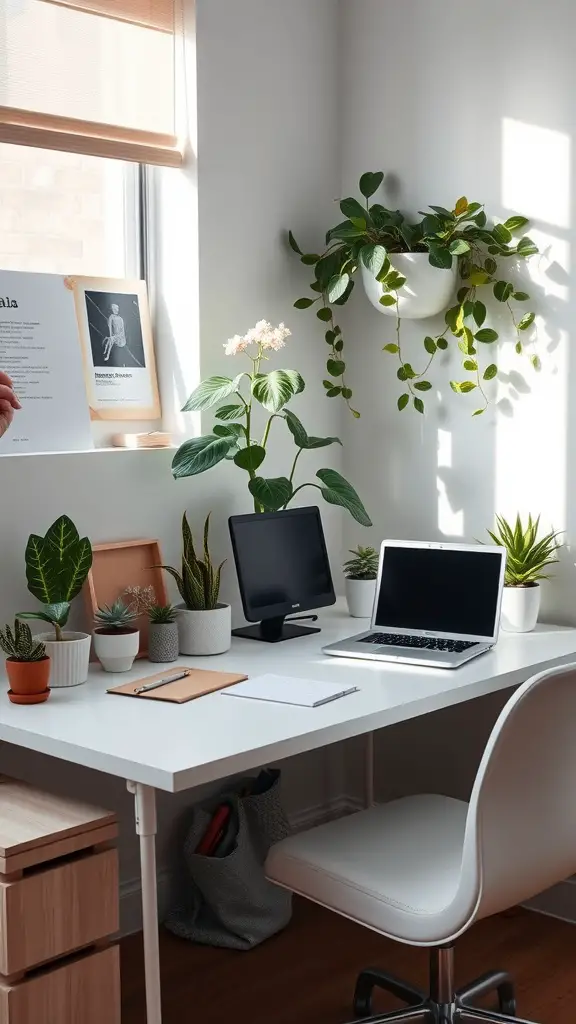 19 Aesthetic Dorm Room Ideas You’ll Love 6 Minimalist desk setup featuring greenery, a laptop, monitor, and stationery.