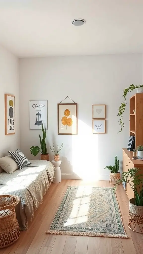 19 Cozy Earthy Dorm Room Ideas to Create Your Peaceful Retreat 16 A minimalist dorm room featuring earthy tones, plants, and natural decor.
