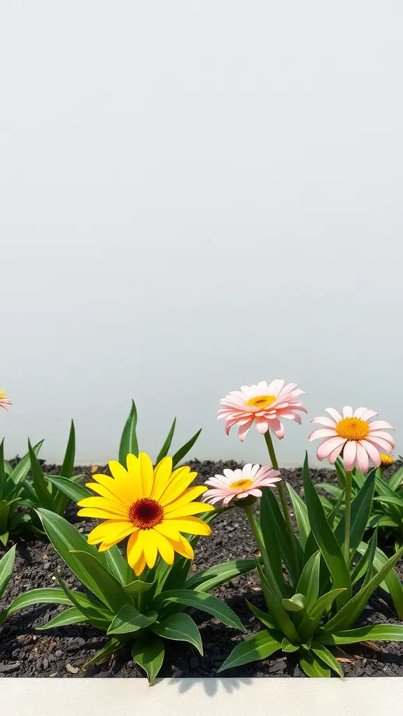 Minimalist flower bed with yellow and pink flowers against a white wall