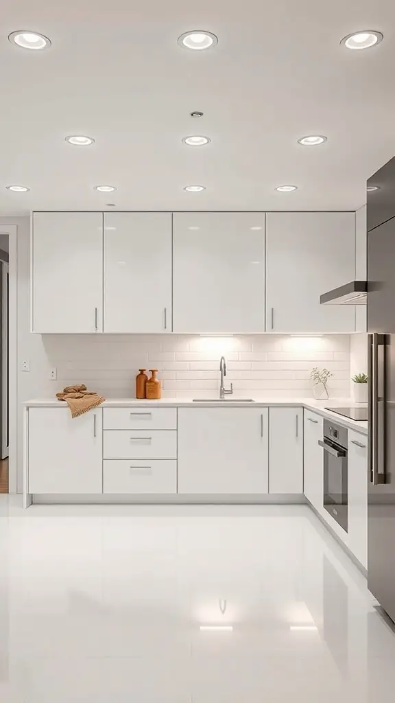 19 Stunning Kitchen Ceiling Light Ideas You’ll Love 13 A modern kitchen featuring multiple flush mount lights on the ceiling, with white cabinets and a polished floor.