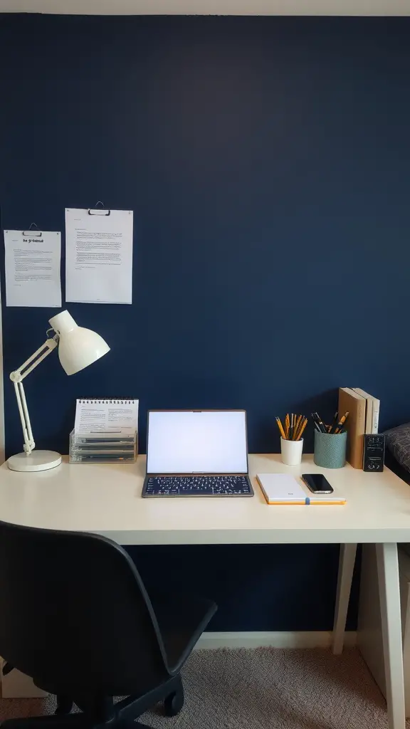 23 Stylish Navy Blue Dorm Room Ideas for a Chic Space 4 A minimalist workspace featuring a navy blue wall, white desk, and organized stationery.