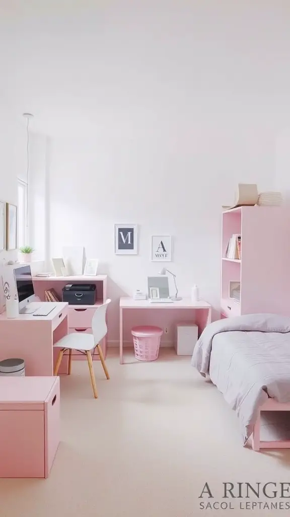 19 Dreamy Pink Dorm Room Ideas to Inspire Your Space 4 A minimalist pink dorm room featuring soft pink furniture, a clean design, and cozy decor.