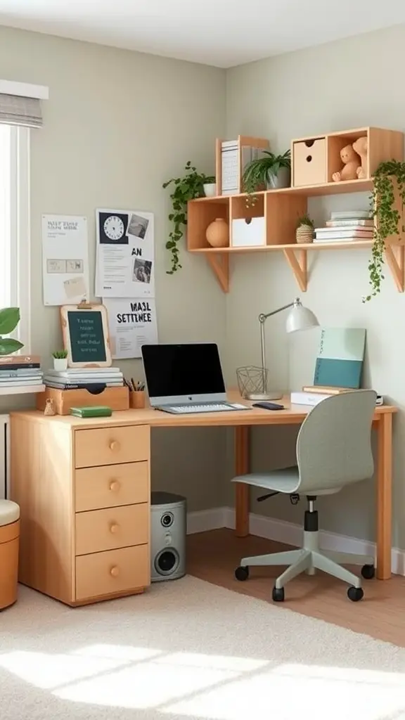 A minimalist desk setup with sage green accents, featuring a light wooden desk, computer, lamp, and open shelves with plants.