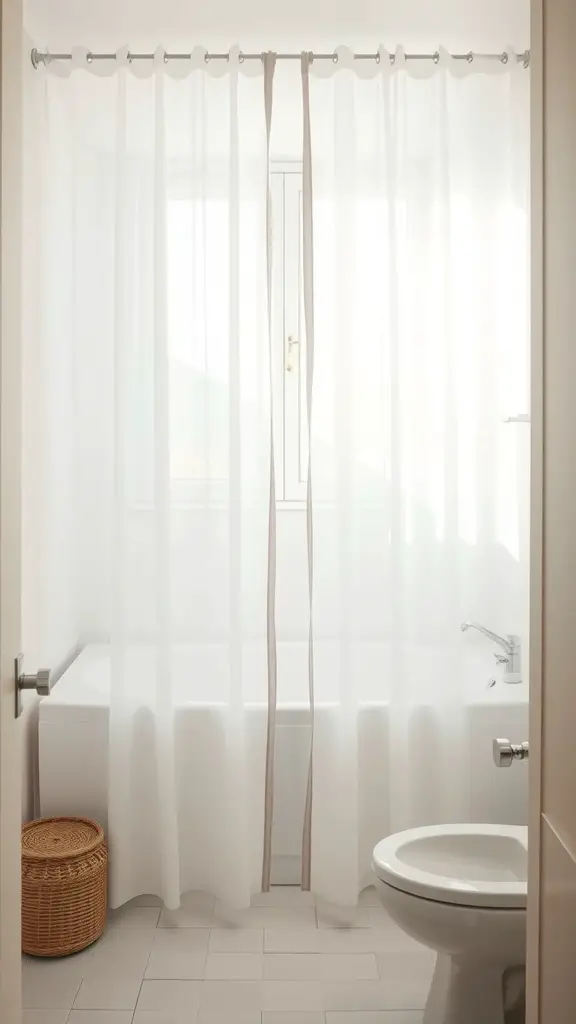 17 Charming Cafe Curtain Ideas for Your Bathroom Style 4 A bathroom featuring sheer white curtains, a bathtub, and a wicker basket.