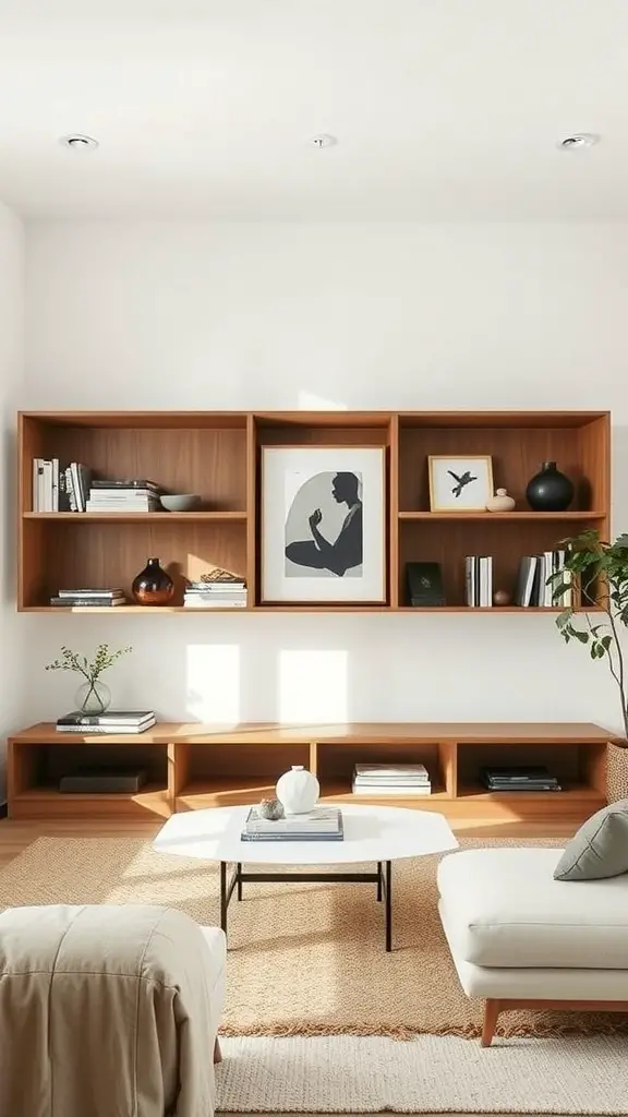 15 Minimalist Living Room Ideas for a Stylish Space 2 Minimalist wooden shelving in a living room with decorative items and plants.