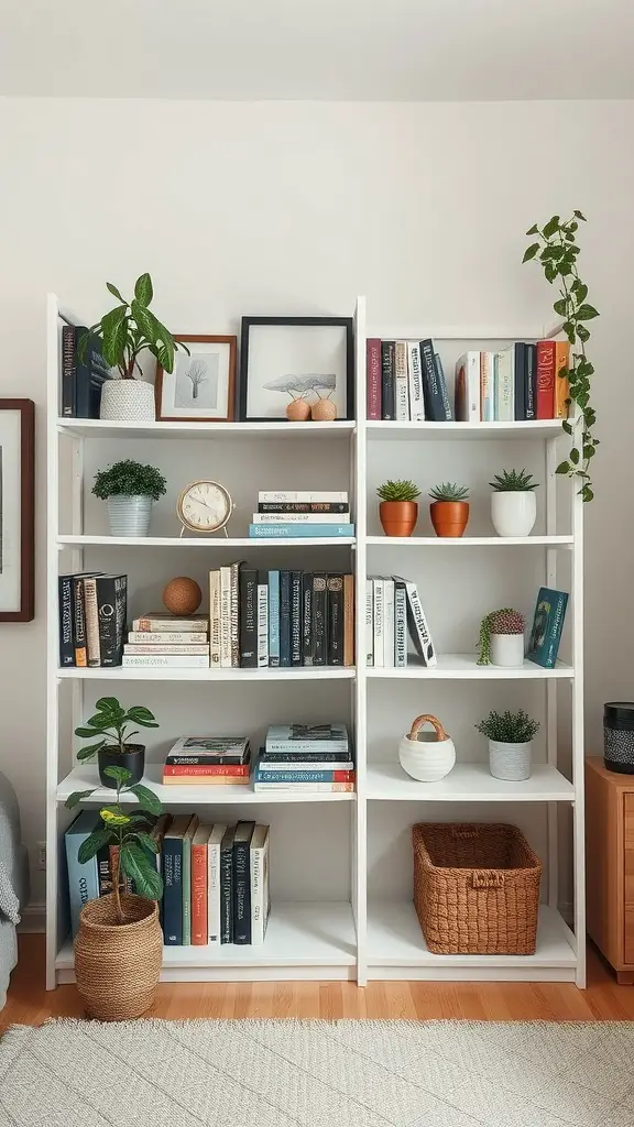 19 Cozy Dorm Room Aesthetic Ideas to Transform Your Space 11 A white minimalist bookshelf filled with books and decorative plants