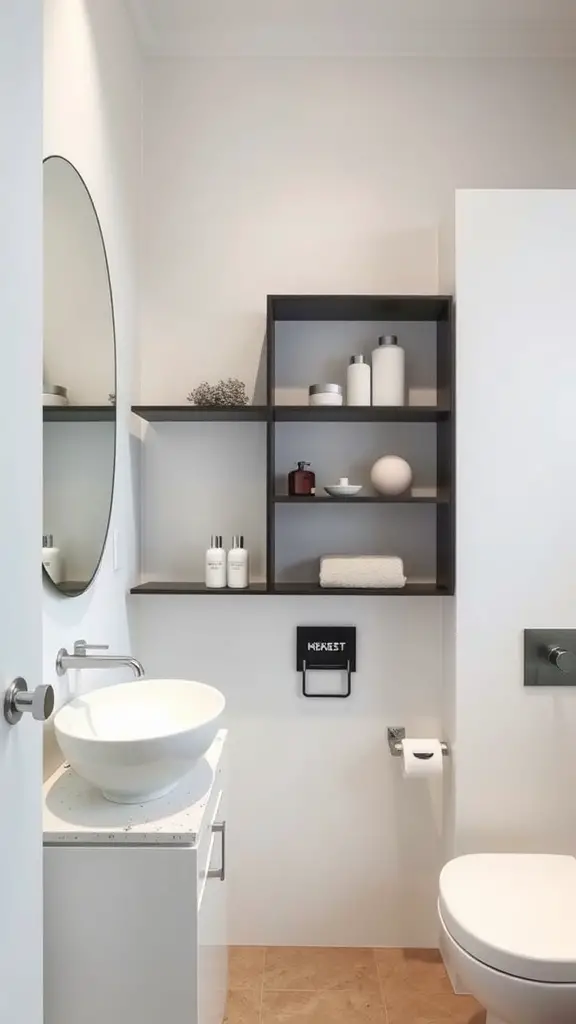 23 Creative College Bathroom Decor Ideas for a Stylish Space 5 A modern, minimalist bathroom showcasing sleek black shelving with toiletries and decor.