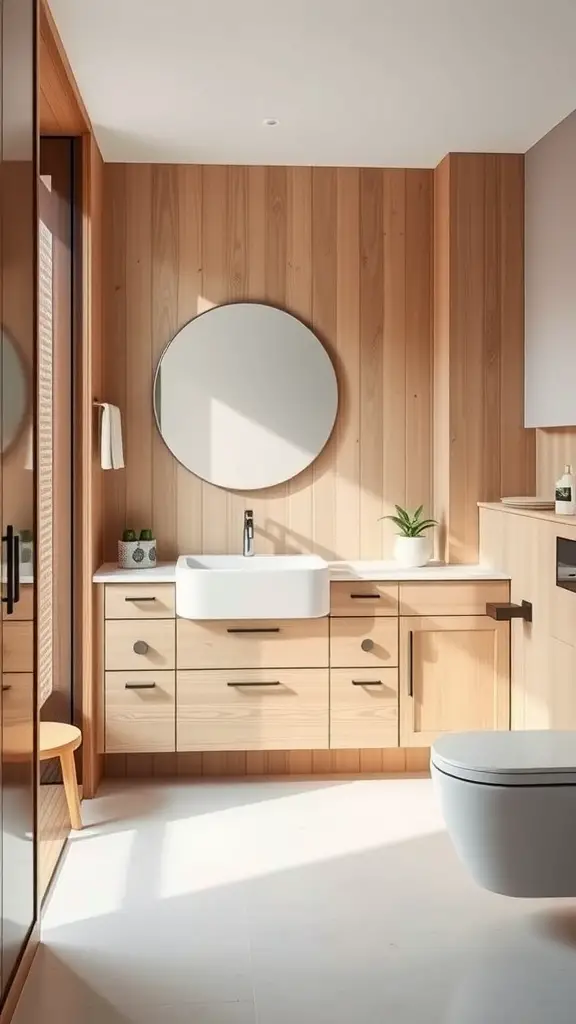 21 Stunning Scandinavian Bathroom Ideas You’ll Love 5 A minimalist bathroom with wood accents featuring wooden walls, a round mirror, and a small plant on the counter.