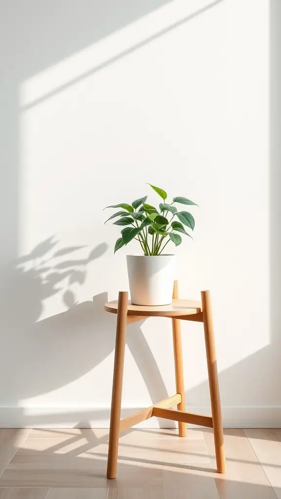 17 Creative Plant Stand Ideas to Elevate Your Greenery 6 A minimalist wooden plant stand holding a green plant in a white pot, with sunlight casting shadows on a wall.