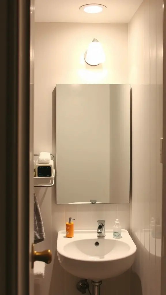 19 Stylish Small Main Bathroom Ideas to Maximize Space 9 Small bathroom with a mirror above a sink, showcasing light and space.